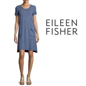 Eileen Fisher XXS Hemp Dress Mini Short Sleeve Blue White Striped Twist Scoop